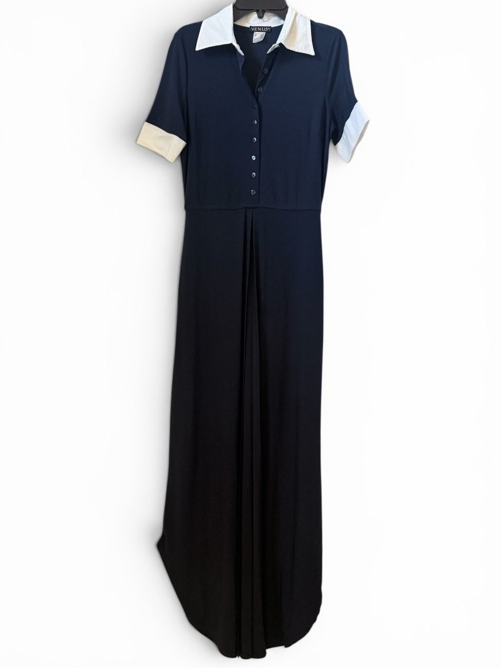 VENUS Navy Maxi Polo Dress with White Collar & Cuffs